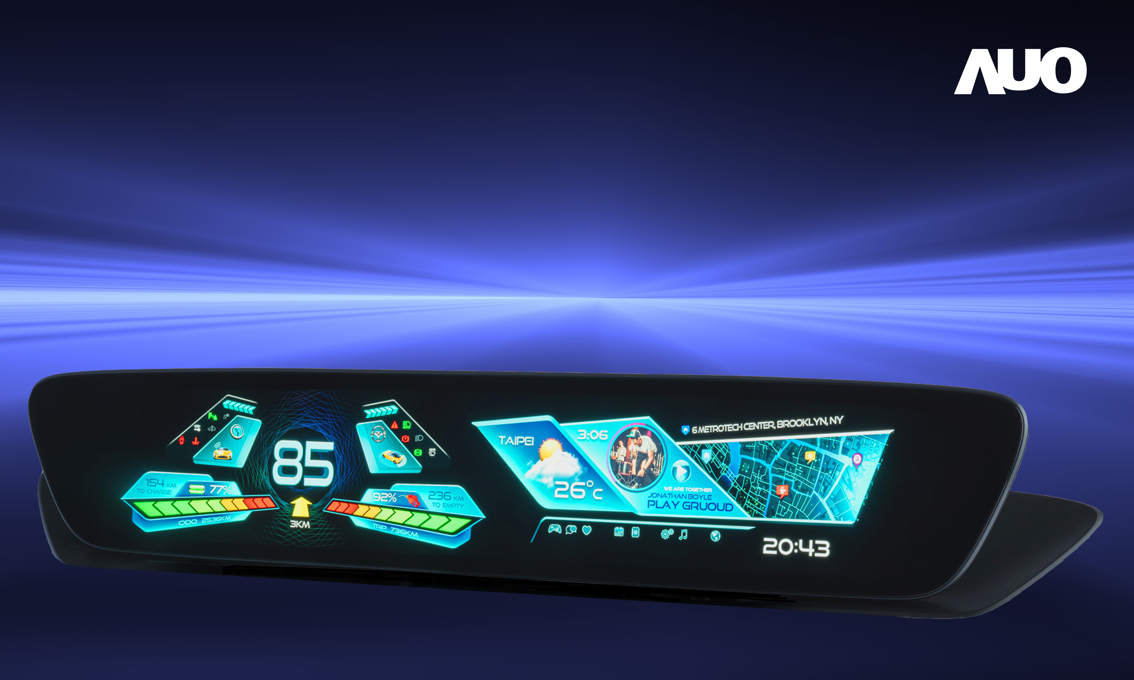 友達30.4吋異形曲面AmLED車載顯示系統，為一兼具儀表板及中控台人機介面的創新車載顯示系統，結合美學設計，提升車內科技沉浸感及使用體驗，讓車載顯示的未來應用更加多元化